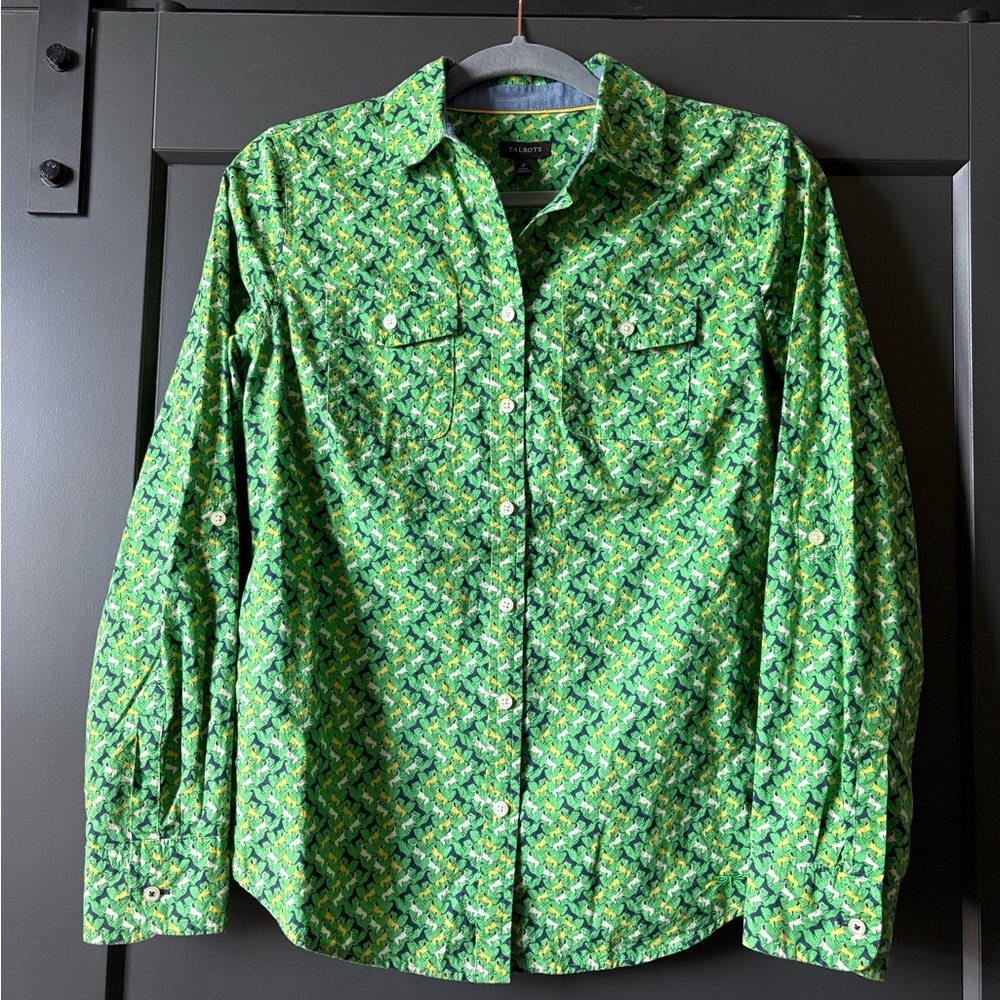 Talbots Green Equestrian Print Button-Up Blouse, Horses, Roll Cuff Sleeves